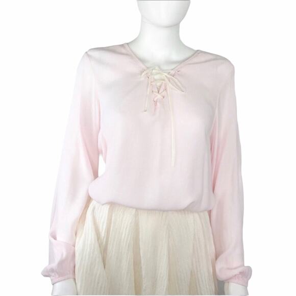 Dr. Bloom Pink V-neck Crept Tie Front Peasant Blouse - Picture 1 of 4